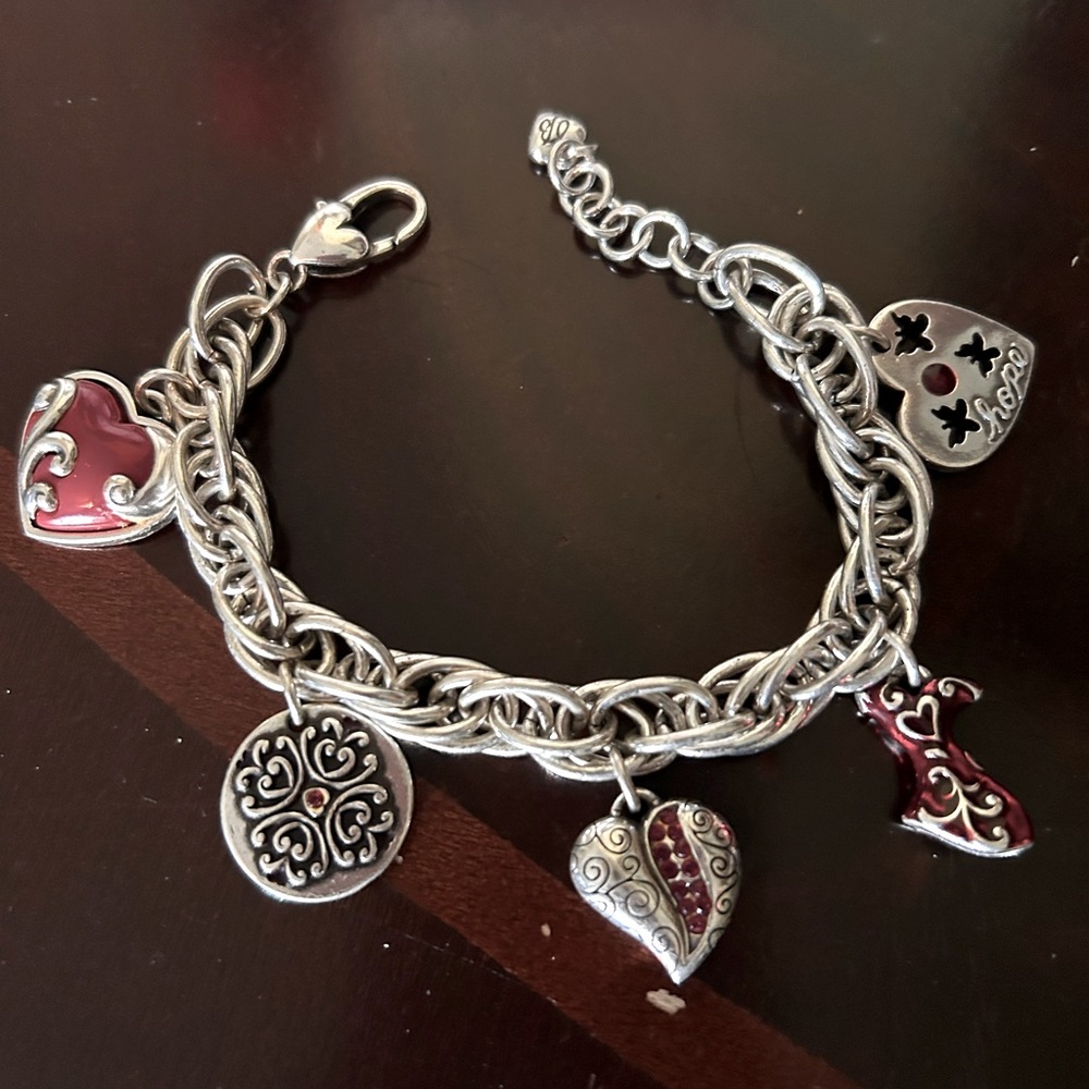 Brighton HEART OF HOPE Red Dress Crystal Heart Silver Charm Bracelet